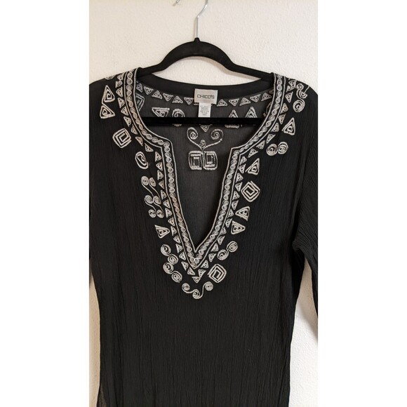 CHICO'S Women's Black Silk Embroidered Deep-V Cover-Up Beach Cruise 10/12 - Picture 2 of 11